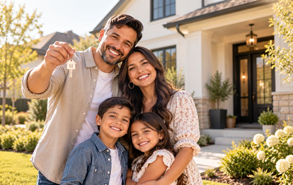 Family holding the keys to their new home in front of the house