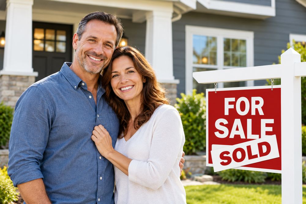 Happy home sellers next to a sold sign in front of their house